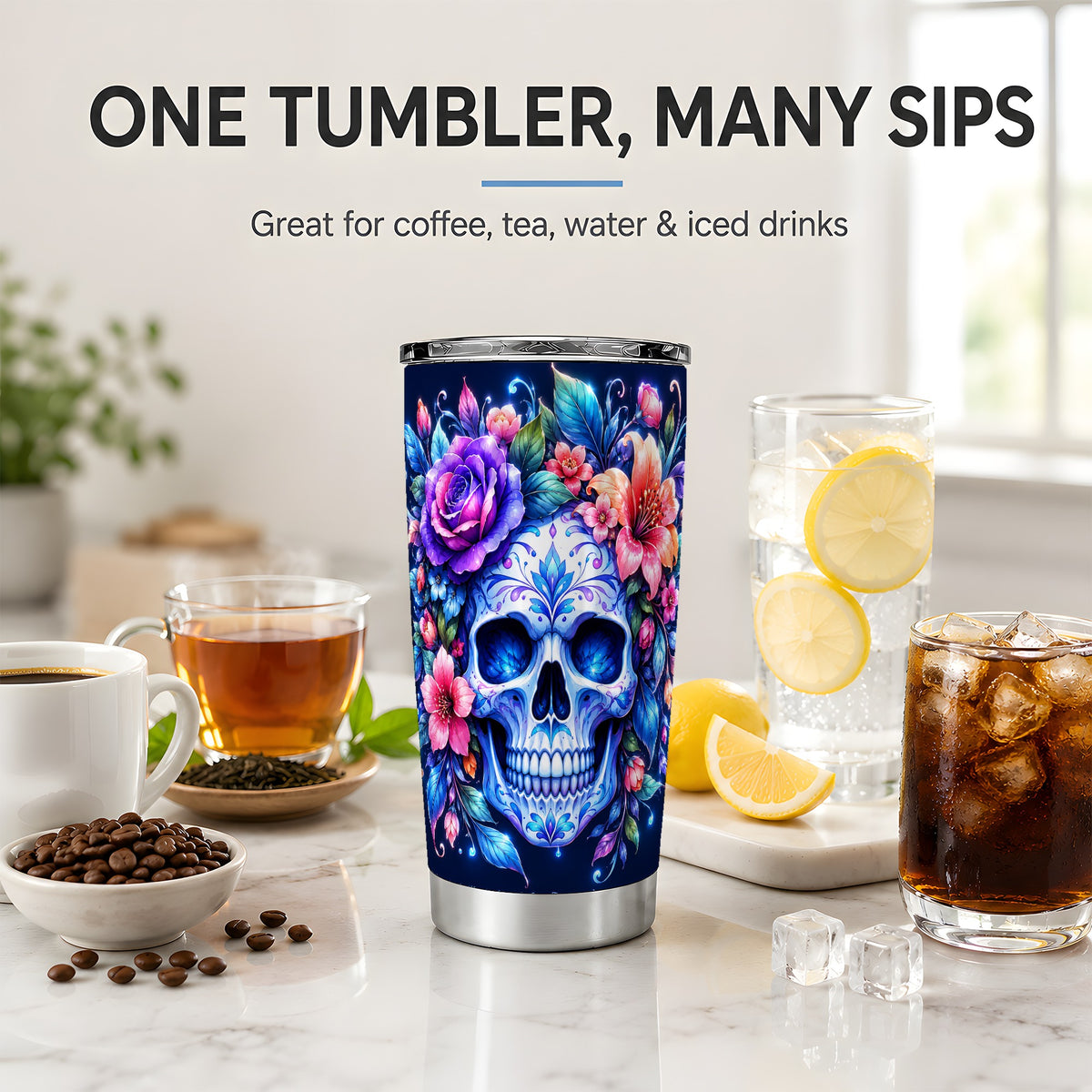 Blue Floral Skull 20oz Tumbler, Colorful Botanical Gothic Art