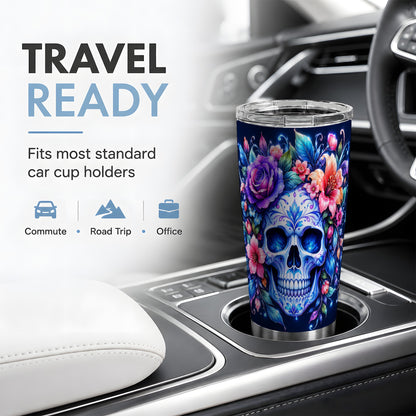 Blue Floral Skull 20oz Tumbler, Colorful Botanical Gothic Art