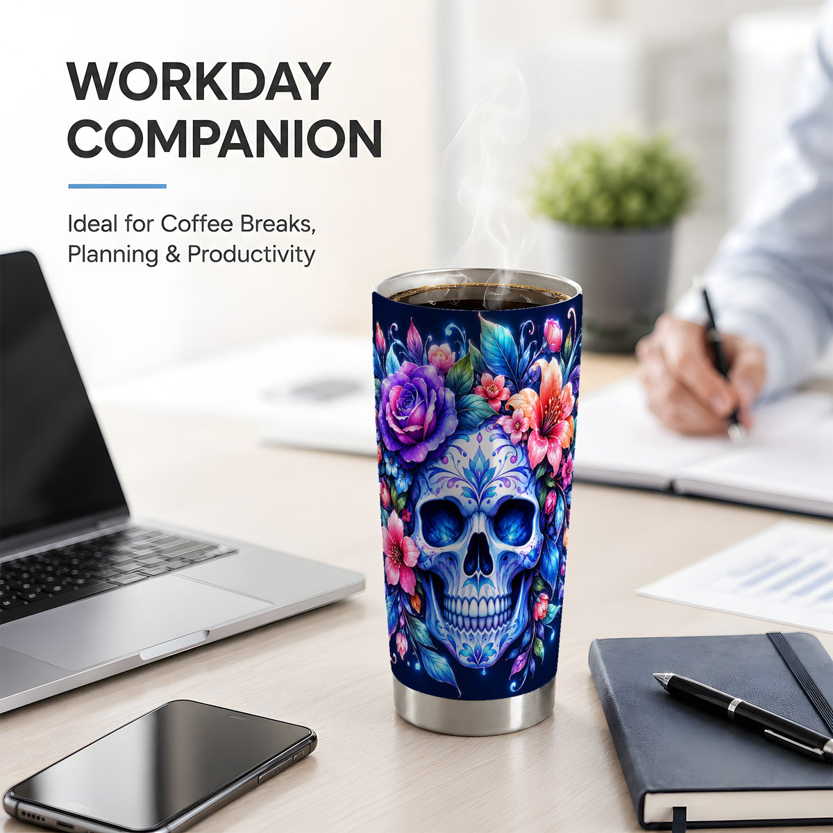 Blue Floral Skull 20oz Tumbler, Colorful Botanical Gothic Art