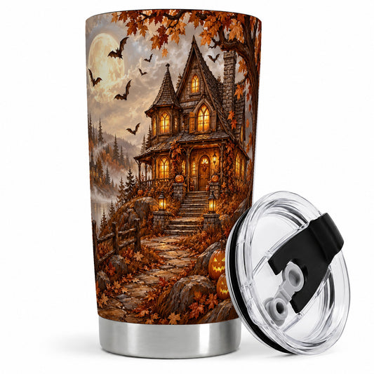 Halloween Cottage 20oz Tumbler, Full Moon Autumn Night Artwork