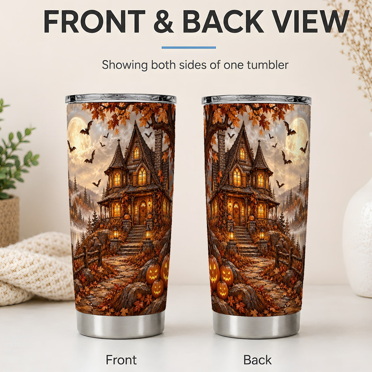 #pl[20oz|Steel] Halloween Cottage 20oz Tumbler, Full Moon Autumn Night Artwork