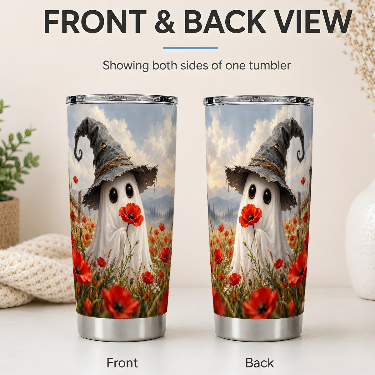 #pl[20oz|Steel] Witch Hat Ghost 20oz Tumbler, Poppy Meadow Halloween Artwork