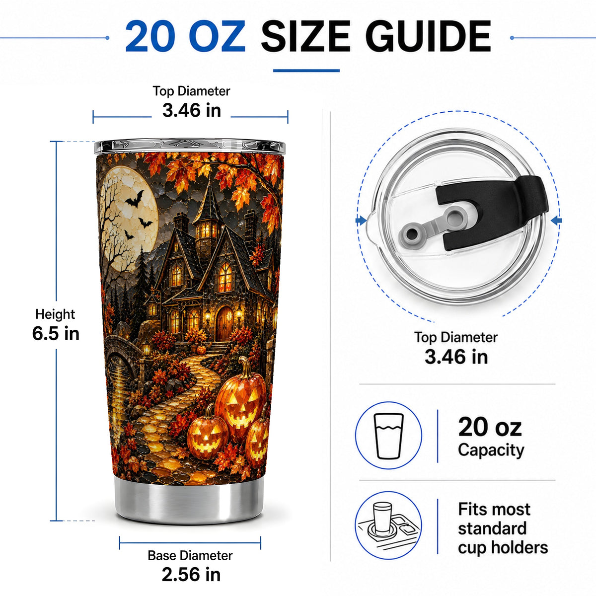 #pl[20oz|Steel] Moonlit Gothic House 20oz Tumbler, Halloween Autumn Artwork
