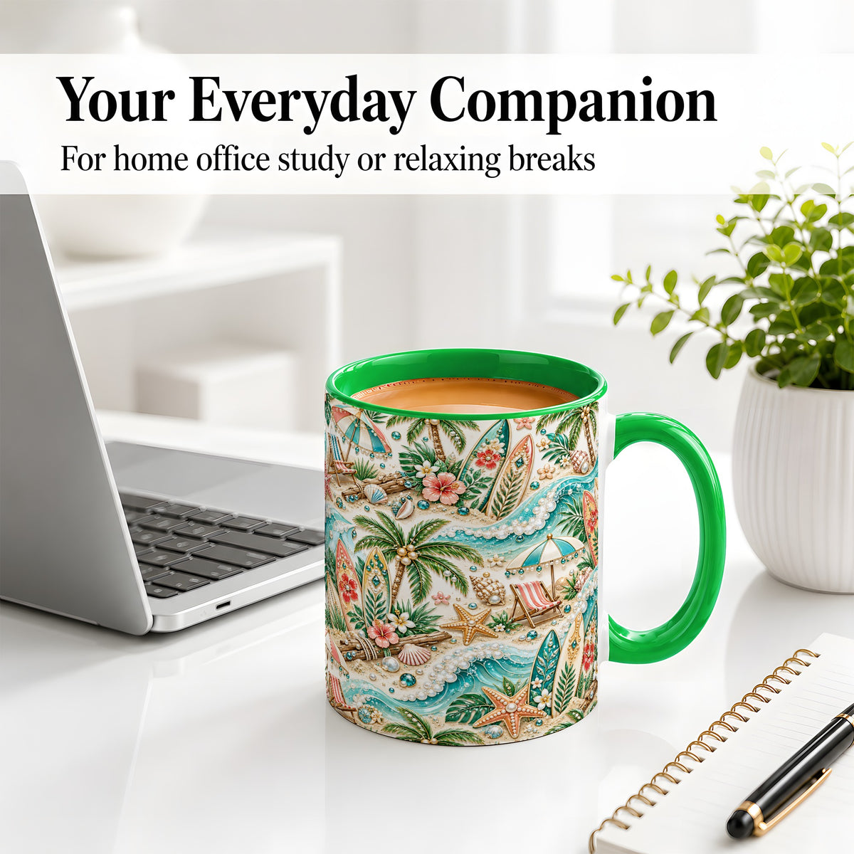 #pl[11oz|Green] Tropical Surf Beach Pattern Ceramic Mug with Palm Tree Artwork