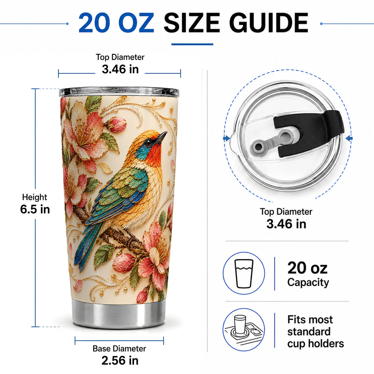 #pl[20oz|Steel] Floral Bird 20oz Tumbler, Colorful Nature Artwork for Bird Lovers