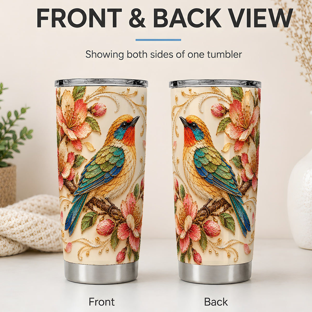 #pl[20oz|Steel] Floral Bird 20oz Tumbler, Colorful Nature Artwork for Bird Lovers