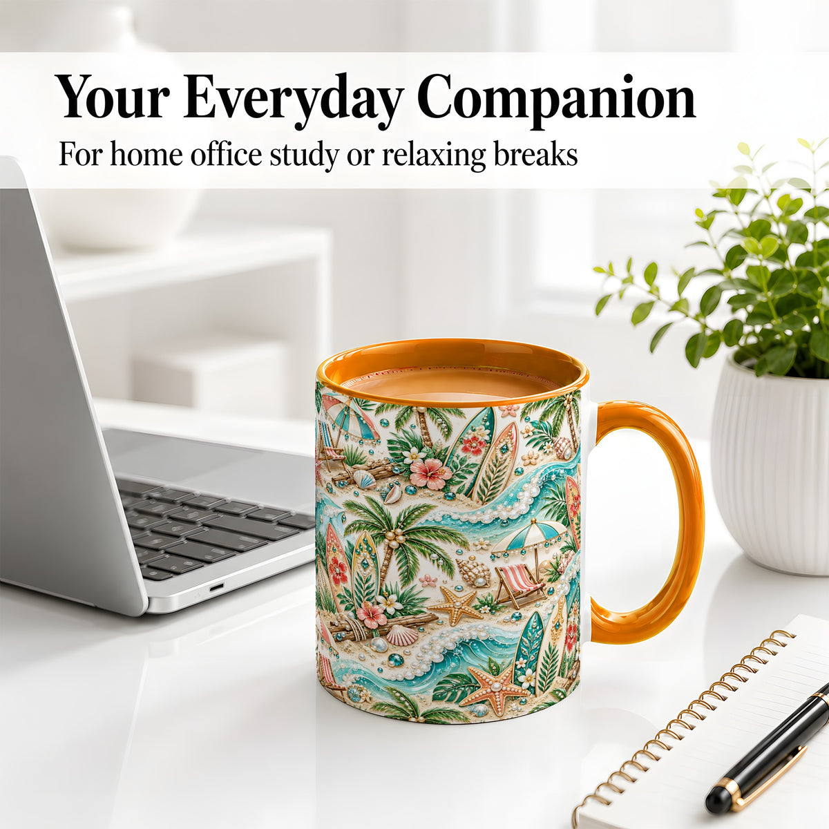 #pl[11oz|Orange] Tropical Surf Beach Pattern Ceramic Mug with Palm Tree Artwork
