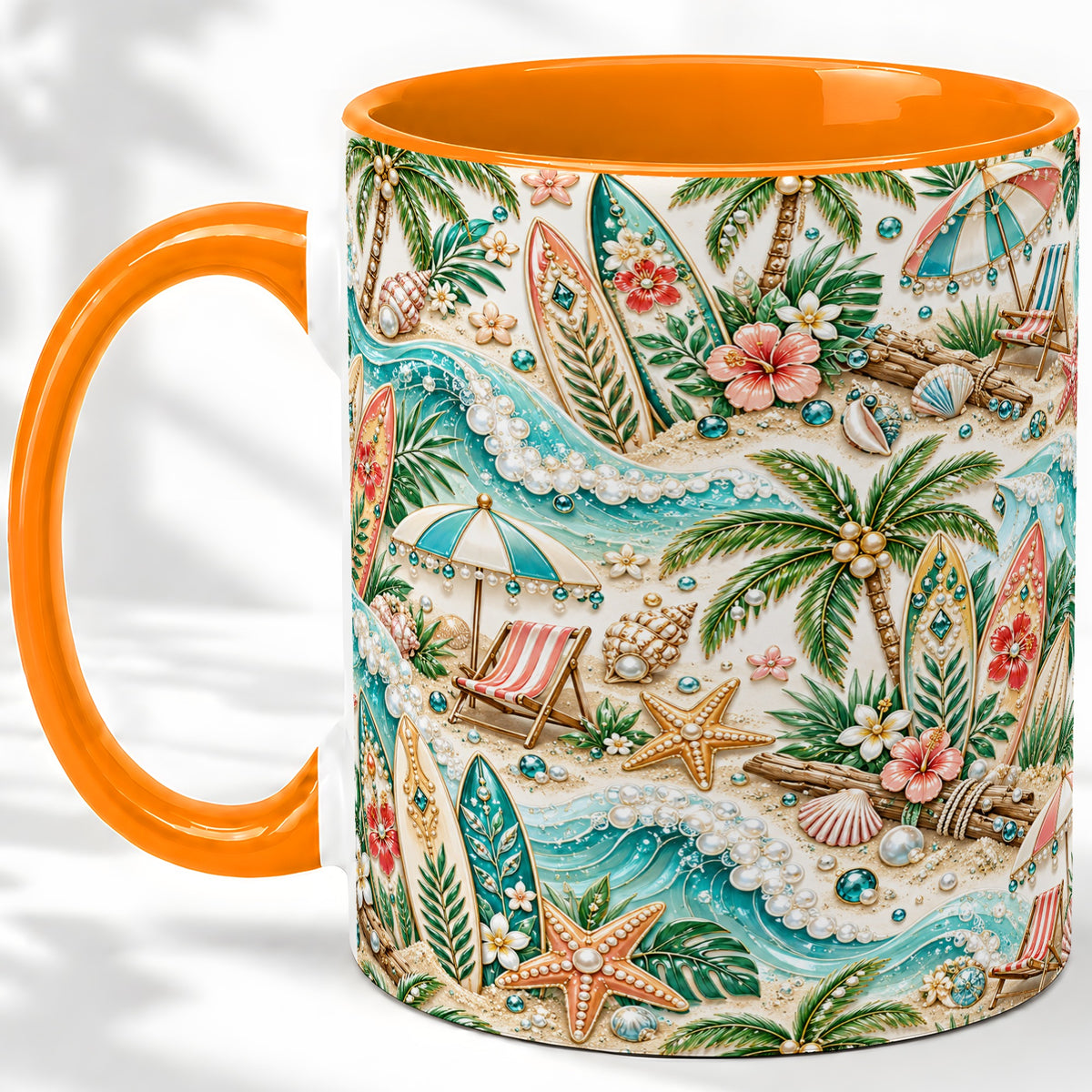 #pl[11oz|Orange] Tropical Surf Beach Pattern Ceramic Mug with Palm Tree Artwork