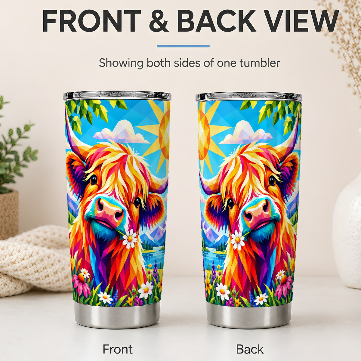 #pl[20oz|Steel] Colorful Highland Cow 20oz Tumbler, Geometric Farm Animal Artwork