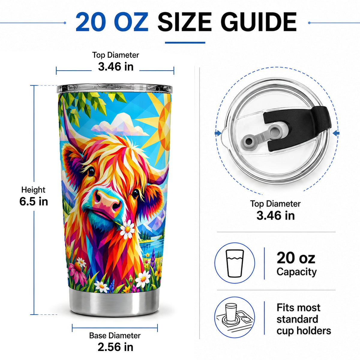 #pl[20oz|Steel] Colorful Highland Cow 20oz Tumbler, Geometric Farm Animal Artwork