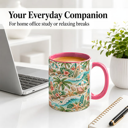 #pl[11oz|Pink] Tropical Surf Beach Pattern Ceramic Mug with Palm Tree Artwork