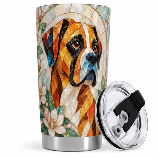 Boxer Dog 20oz Tumbler, Stained Glass Style Floral Dog Artwork