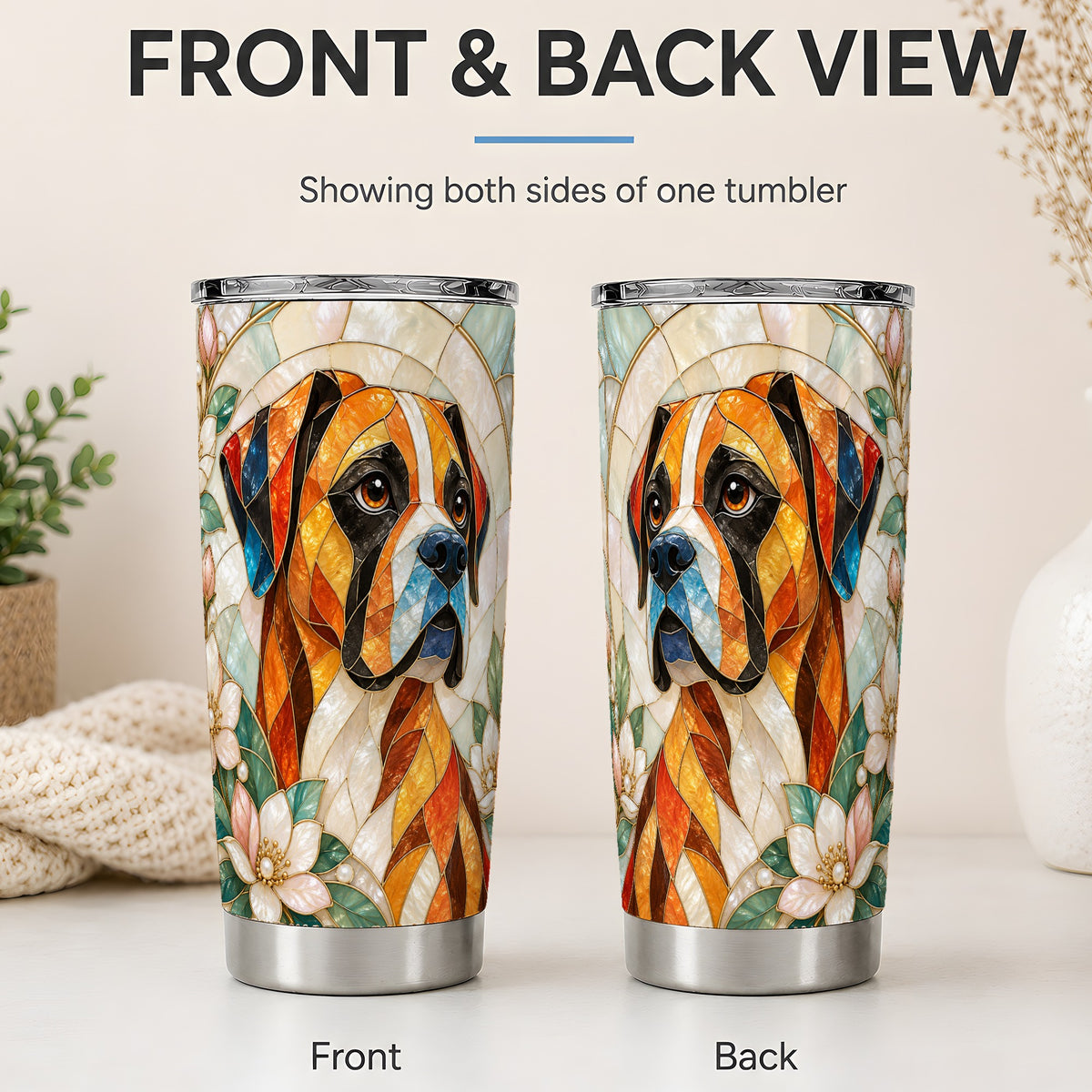 #pl[20oz|Steel] Boxer Dog 20oz Tumbler, Stained Glass Style Floral Dog Artwork