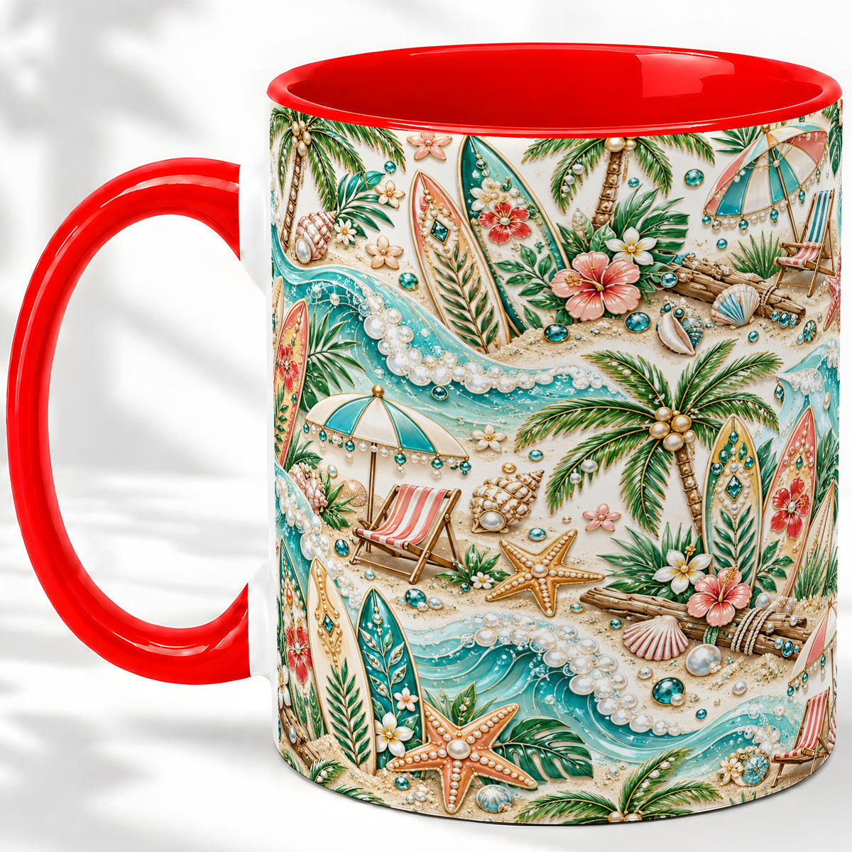 Tropical Surf Beach Pattern Ceramic Mug with Palm Tree Artwork