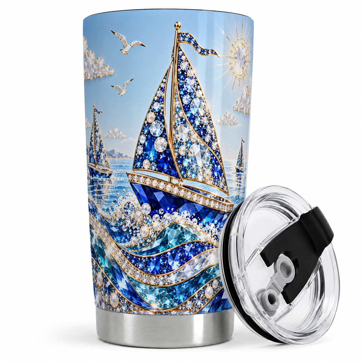Blue Sailboat 20oz Tumbler, Jeweled Ocean Sailing Artwork for Travel