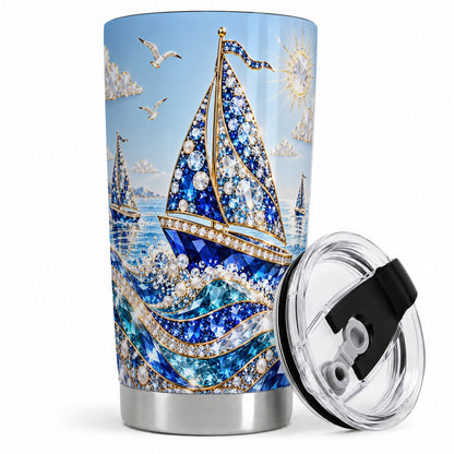 Blue Sailboat 20oz Tumbler, Jeweled Ocean Sailing Artwork for Travel
