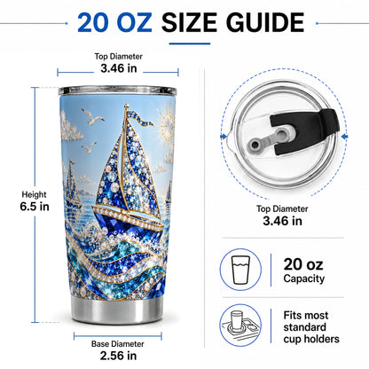 #pl[20oz|Steel] Blue Sailboat 20oz Tumbler, Jeweled Ocean Sailing Artwork for Travel