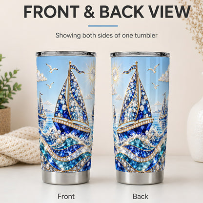 #pl[20oz|Steel] Blue Sailboat 20oz Tumbler, Jeweled Ocean Sailing Artwork for Travel