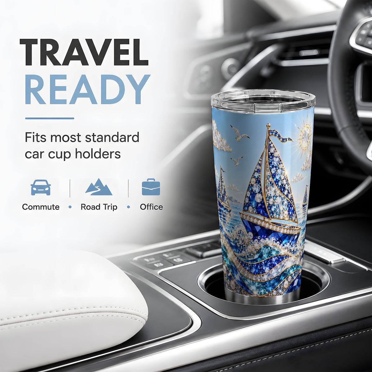 Blue Sailboat 20oz Tumbler, Jeweled Ocean Sailing Artwork for Travel