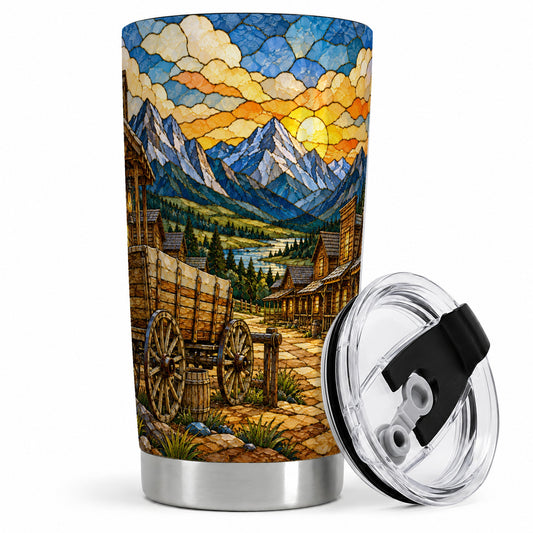 Western Wagon 20oz Tumbler, Mountain Frontier Town Artwork for Travel