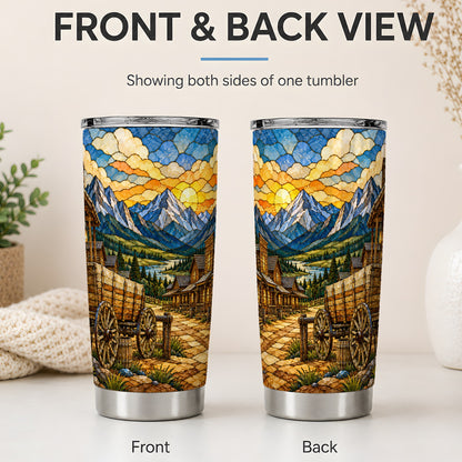 #pl[20oz|Steel] Western Wagon 20oz Tumbler, Mountain Frontier Town Artwork for Travel
