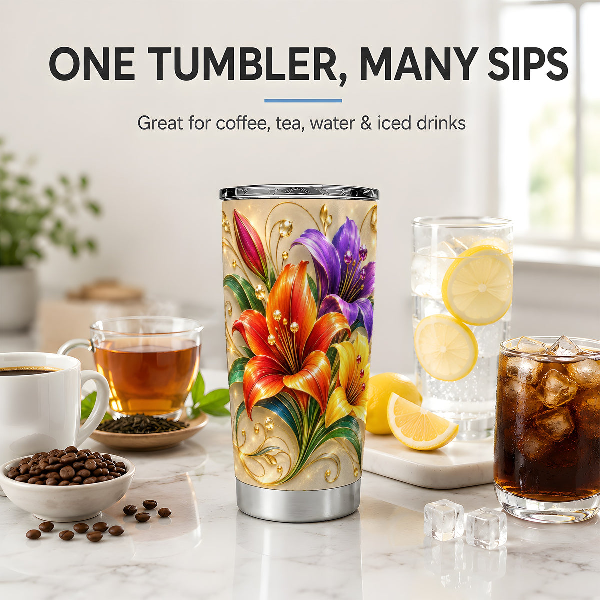 Colorful Lily 20oz Tumbler, Gold Floral Botanical Artwork for Daily Use