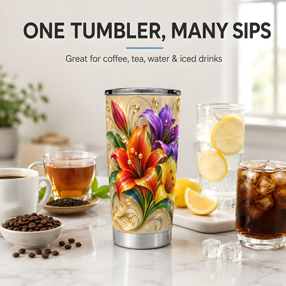 Colorful Lily 20oz Tumbler, Gold Floral Botanical Artwork for Daily Use