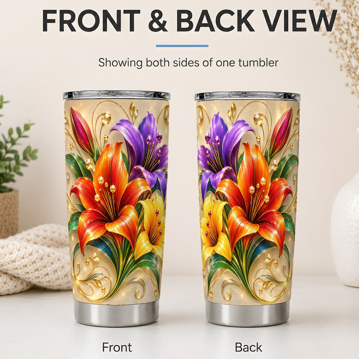 #pl[20oz|Steel] Colorful Lily 20oz Tumbler, Gold Floral Botanical Artwork for Daily Use