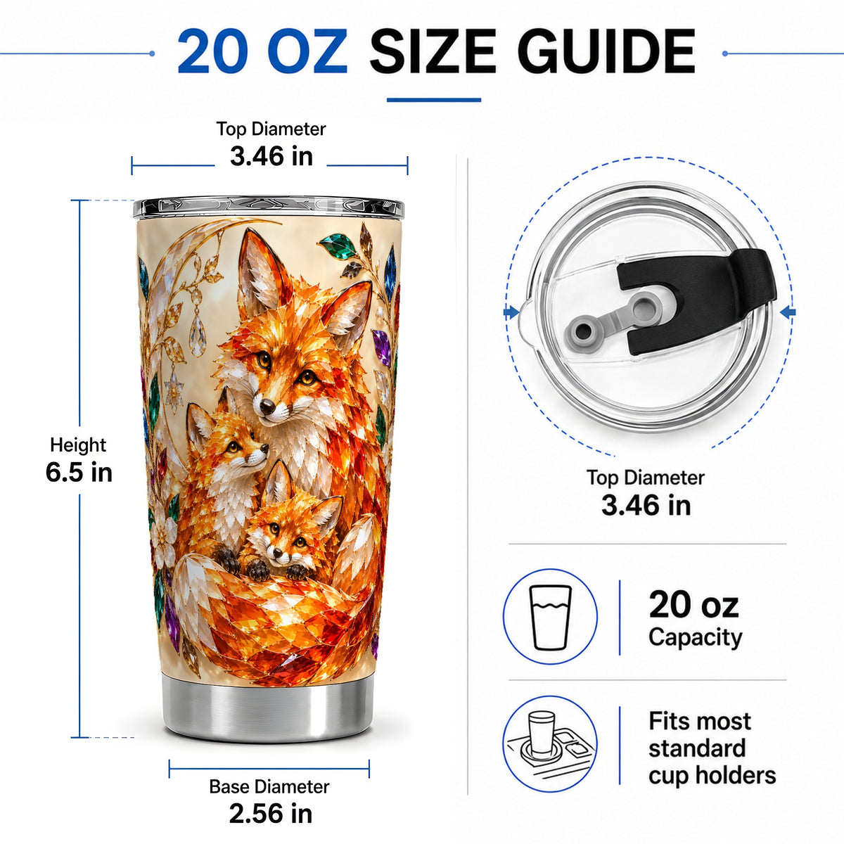 #pl[20oz|Steel] Fox Family 20oz Tumbler, Jeweled Woodland Animal Artwork for Travel