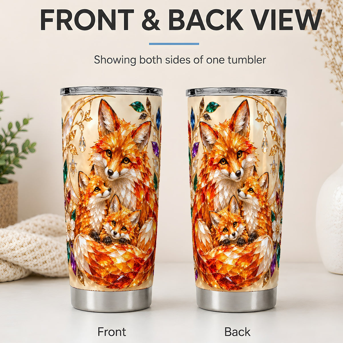 #pl[20oz|Steel] Fox Family 20oz Tumbler, Jeweled Woodland Animal Artwork for Travel