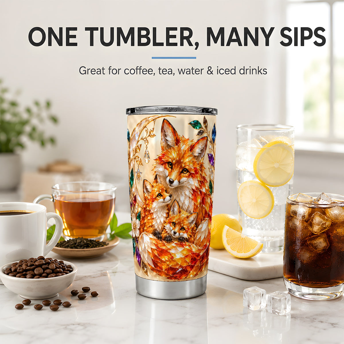 Fox Family 20oz Tumbler, Jeweled Woodland Animal Artwork for Travel