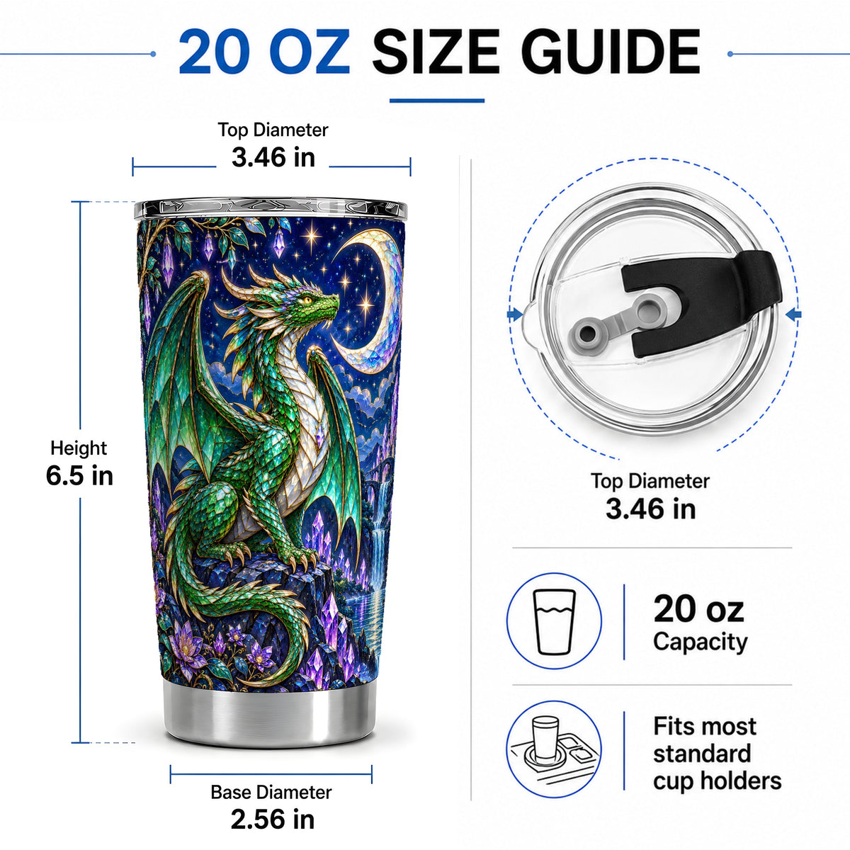 #pl[20oz|Steel] Fantasy Dragon 20oz Tumbler, Emerald Moon Crystal Artwork for Travel
