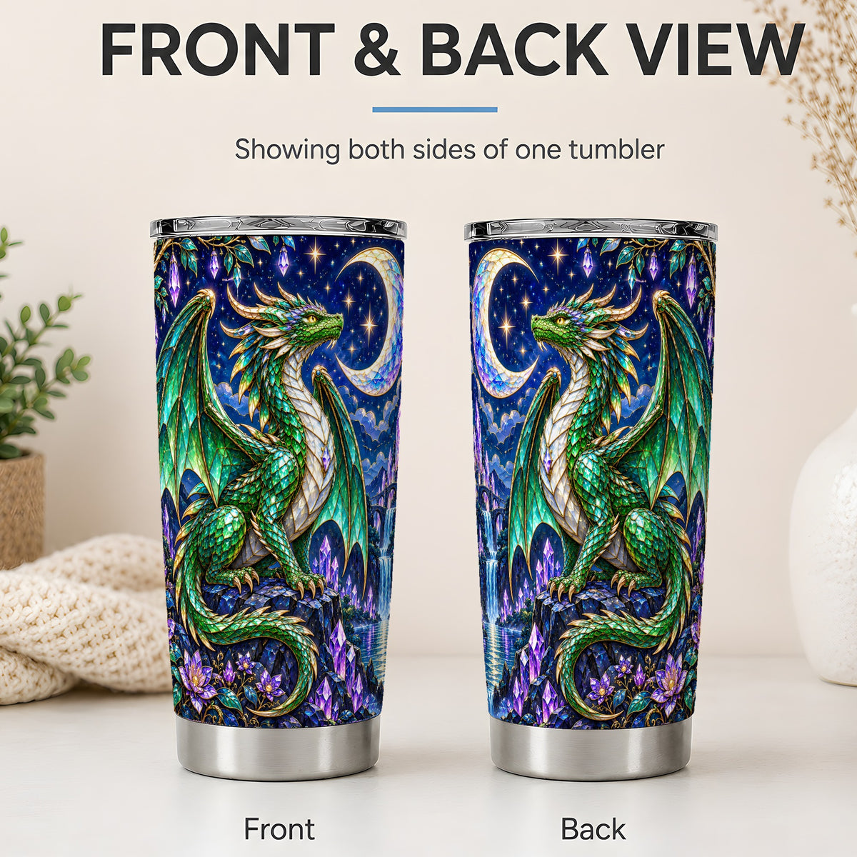 #pl[20oz|Steel] Fantasy Dragon 20oz Tumbler, Emerald Moon Crystal Artwork for Travel