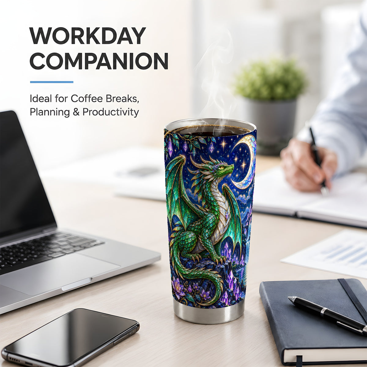 Fantasy Dragon 20oz Tumbler, Emerald Moon Crystal Artwork for Travel