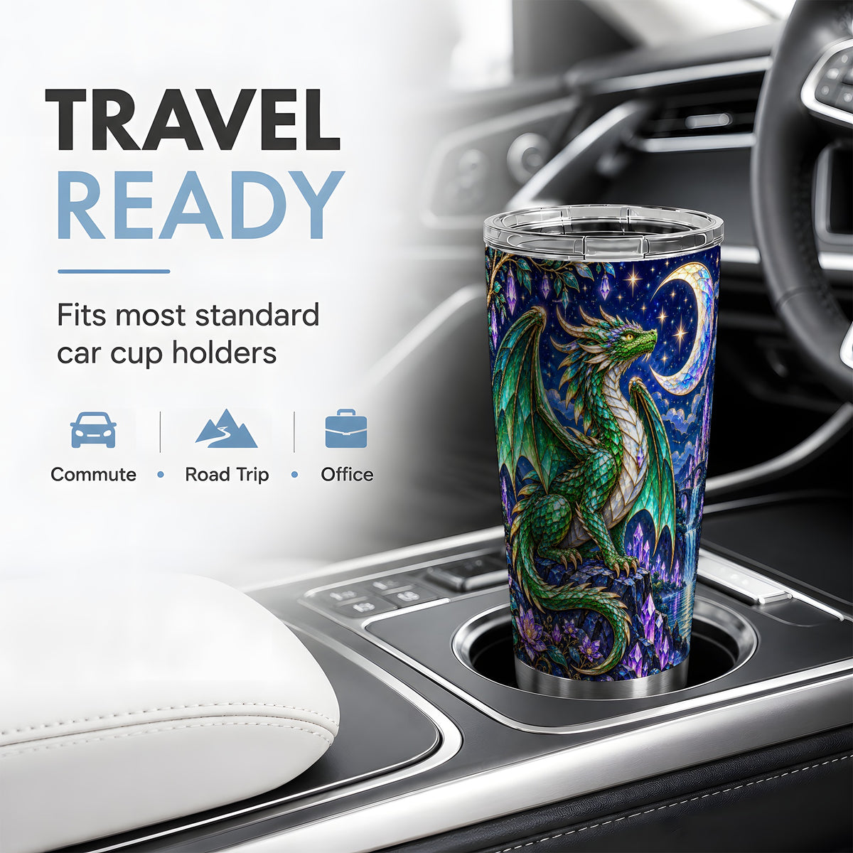 Fantasy Dragon 20oz Tumbler, Emerald Moon Crystal Artwork for Travel