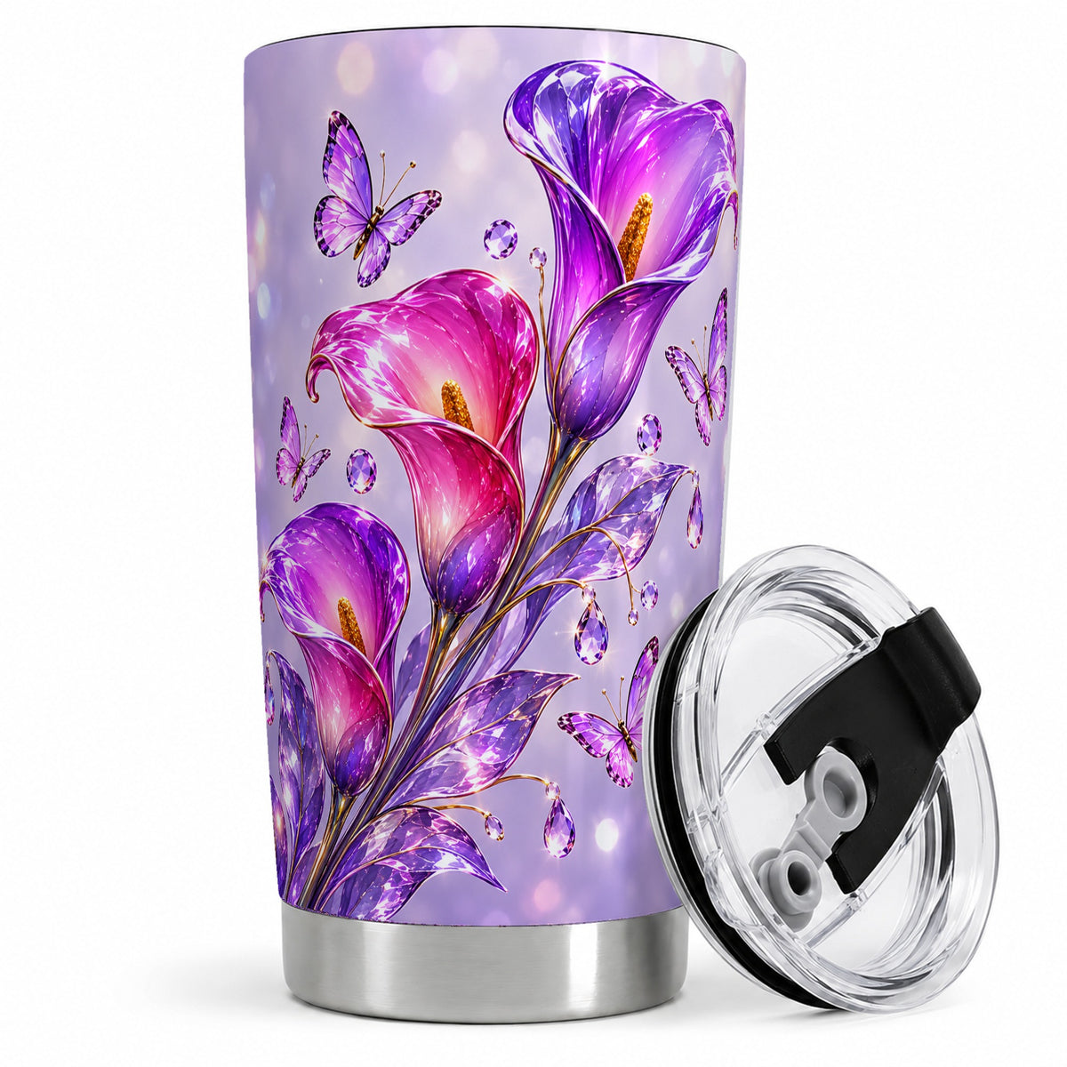 Purple Calla Lily Tumbler, 20oz Tumbler with Butterfly Floral Artwork