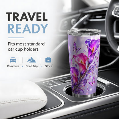 Purple Calla Lily Tumbler, 20oz Tumbler with Butterfly Floral Artwork