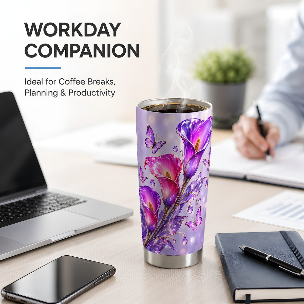 Purple Calla Lily Tumbler, 20oz Tumbler with Butterfly Floral Artwork