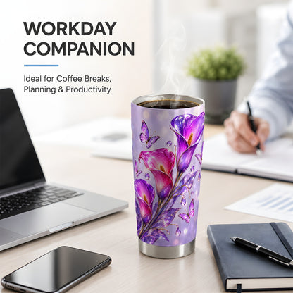 Purple Calla Lily Tumbler, 20oz Tumbler with Butterfly Floral Artwork