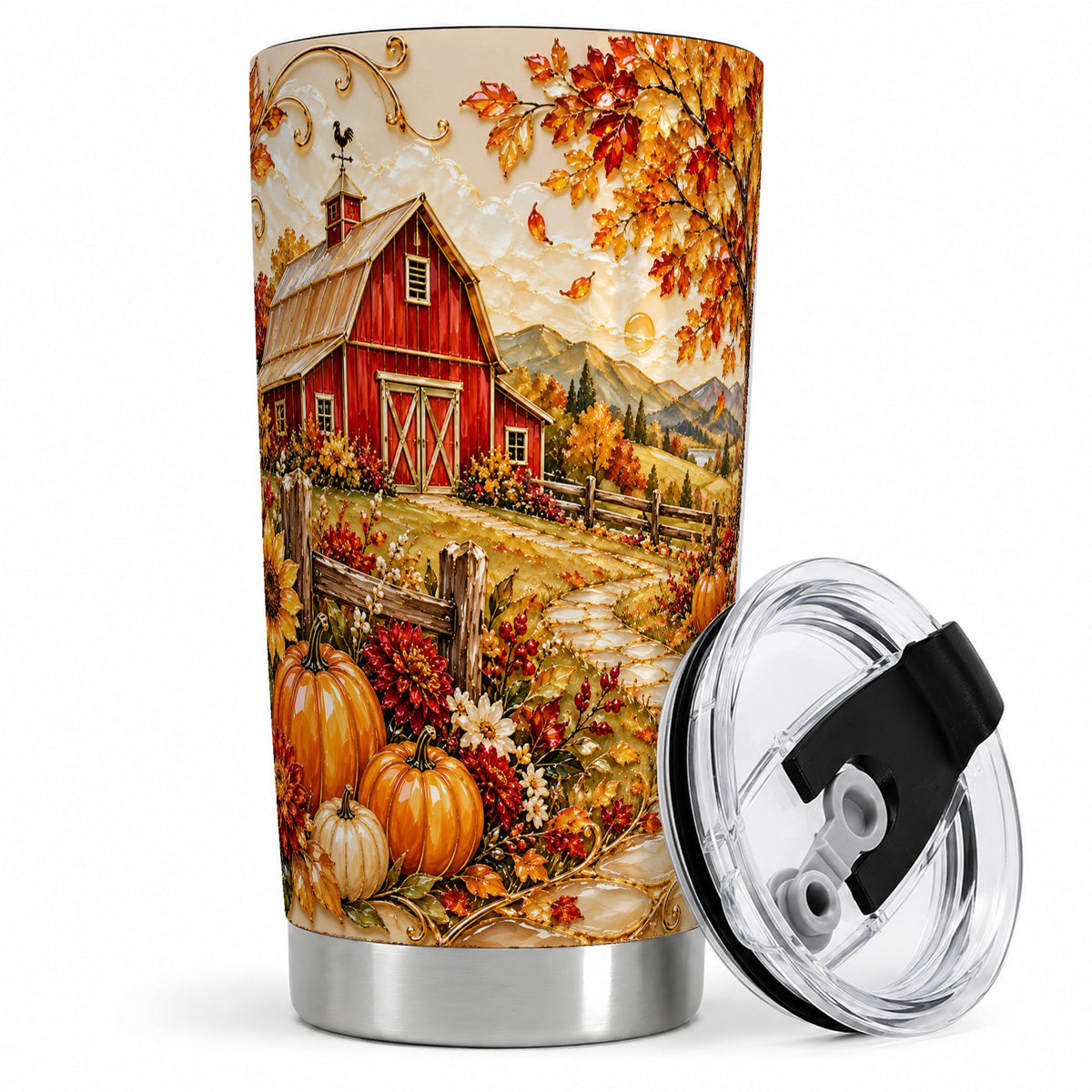 Autumn Barn Farmhouse Tumbler, 20oz Tumbler with Pumpkin Floral Artwork