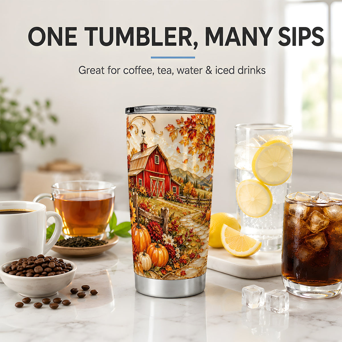 Autumn Barn Farmhouse Tumbler, 20oz Tumbler with Pumpkin Floral Artwork