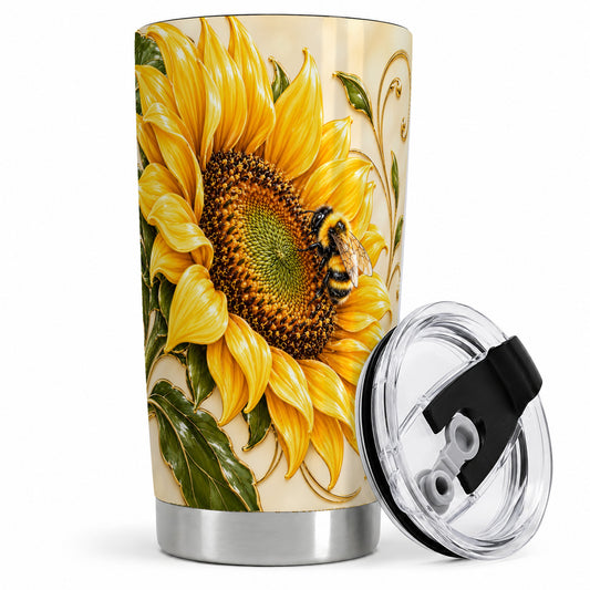 Sunflower and Bee Tumbler, 20oz Tumbler with Botanical Floral Artwork
