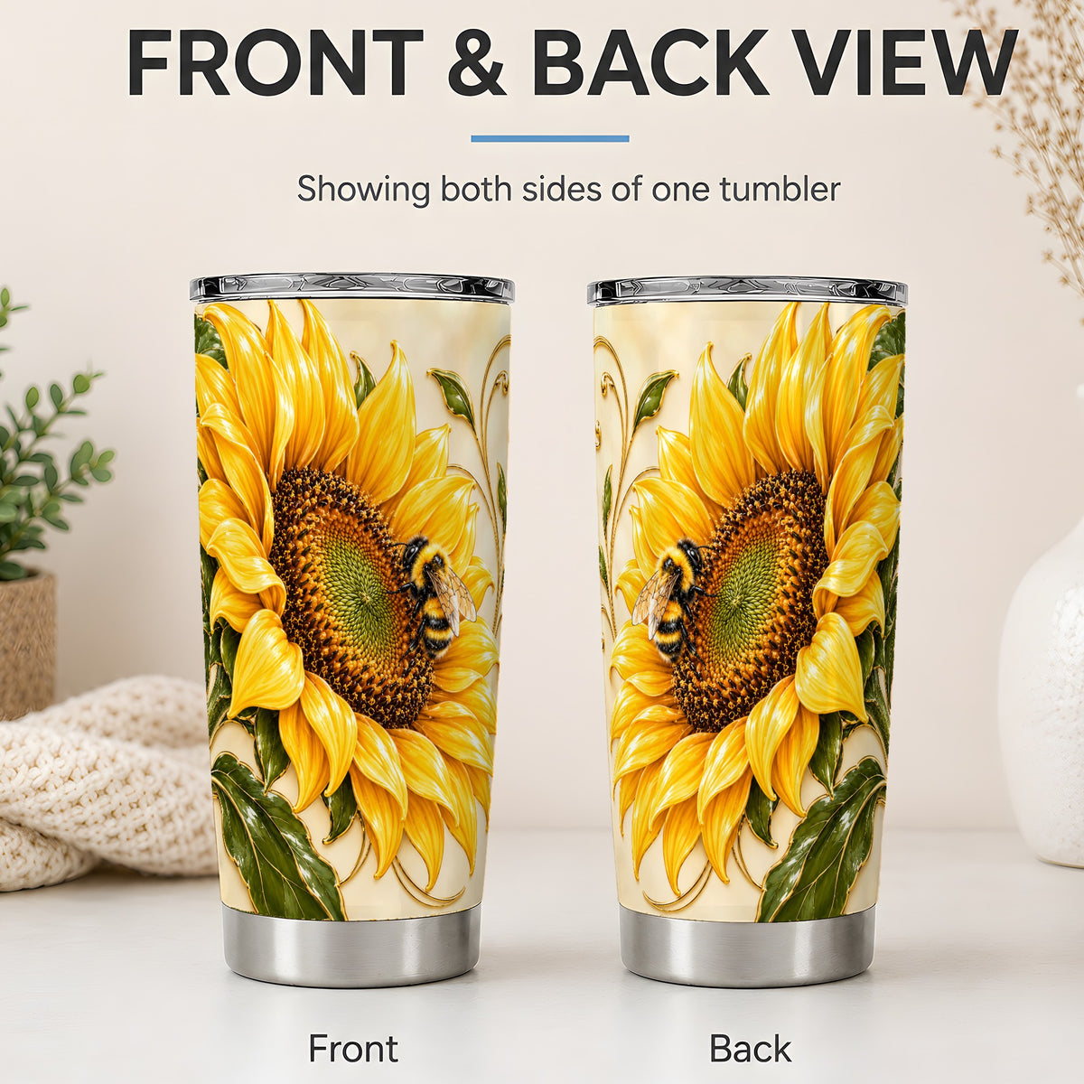 #pl[20oz|Steel] Sunflower and Bee Tumbler, 20oz Tumbler with Botanical Floral Artwork