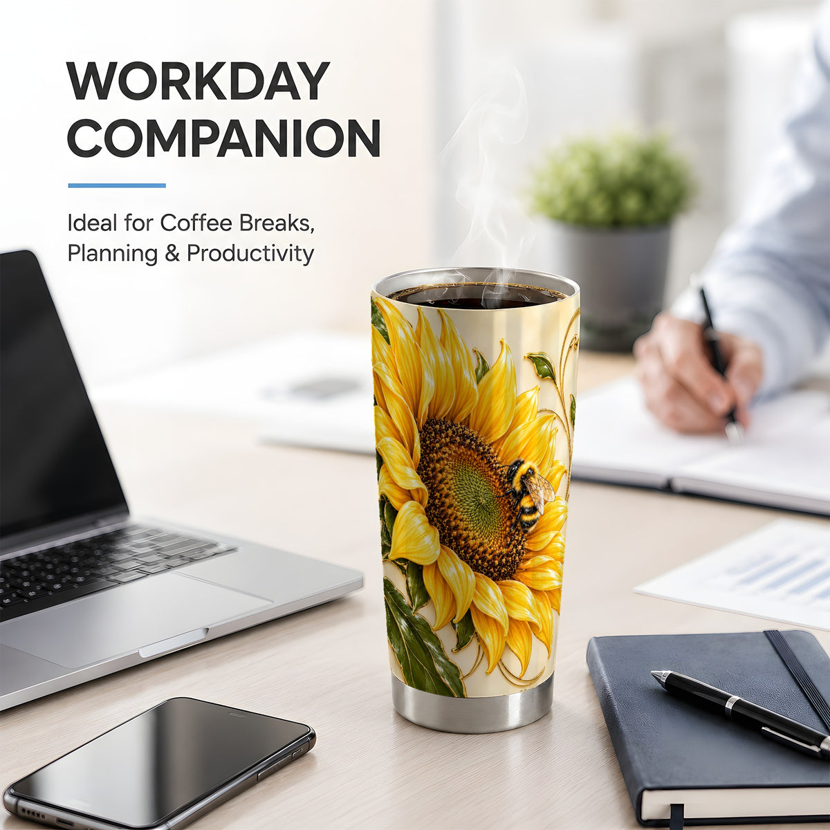 Sunflower and Bee Tumbler, 20oz Tumbler with Botanical Floral Artwork