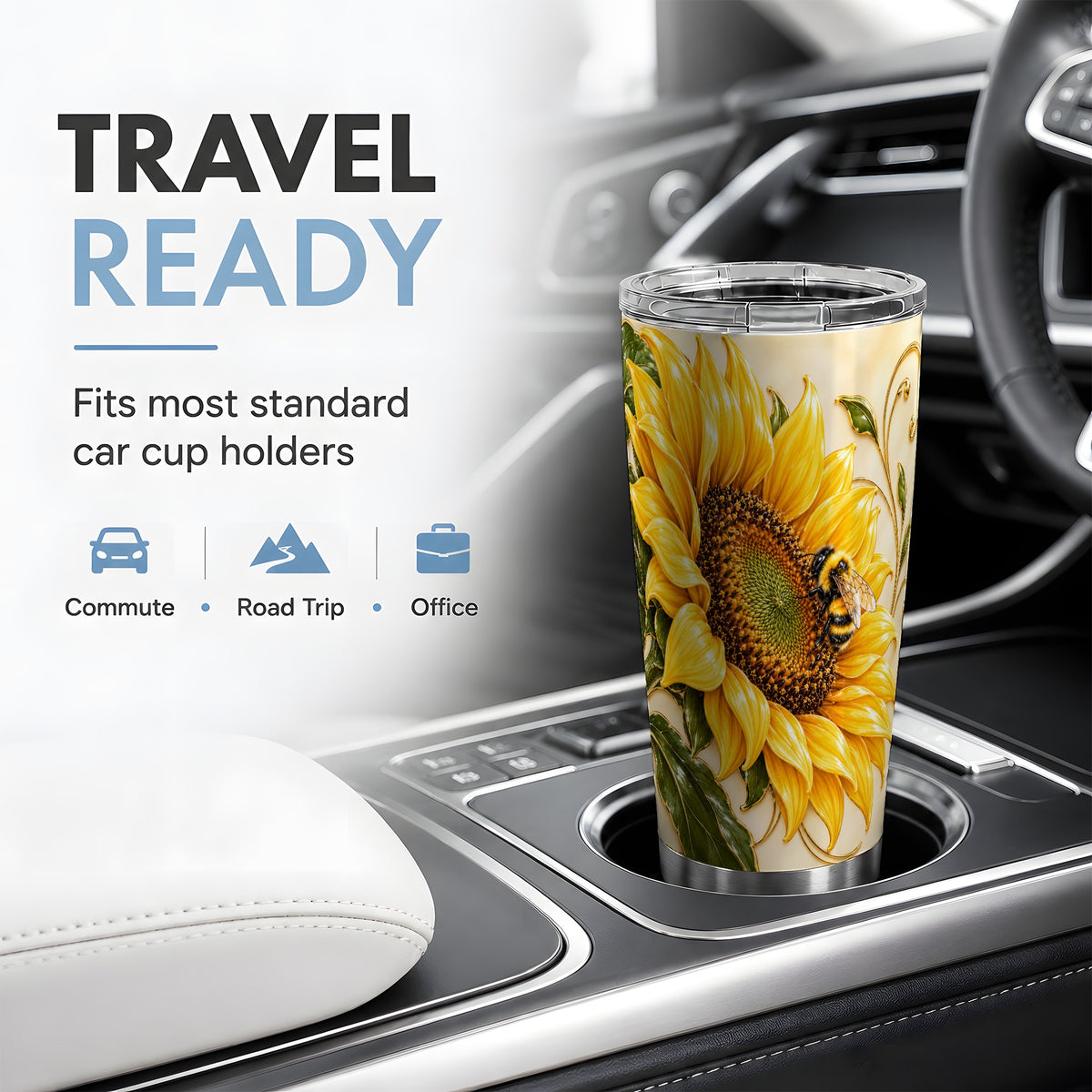Sunflower and Bee Tumbler, 20oz Tumbler with Botanical Floral Artwork