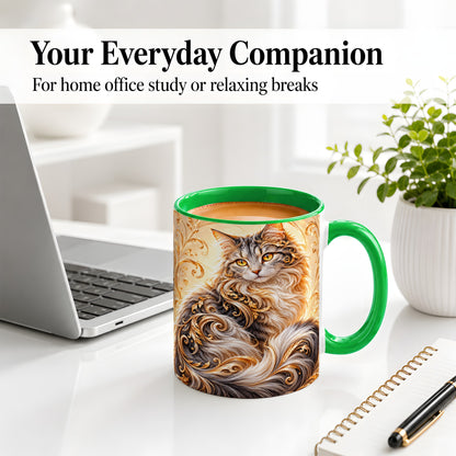 #pl[11oz|Green] Ornate Baroque Cat Floral Ceramic Mug with Golden Scroll Artwork