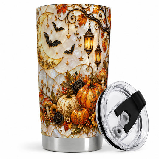 Halloween Moon Tumbler, 20oz Tumbler with Bat Pumpkin Autumn Artwork