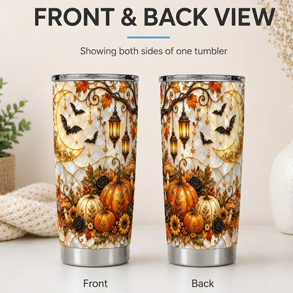 #pl[20oz|Steel] Halloween Moon Tumbler, 20oz Tumbler with Bat Pumpkin Autumn Artwork