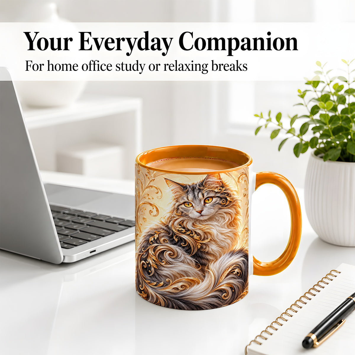 #pl[11oz|Orange] Ornate Baroque Cat Floral Ceramic Mug with Golden Scroll Artwork