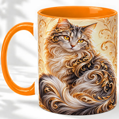 #pl[11oz|Orange] Ornate Baroque Cat Floral Ceramic Mug with Golden Scroll Artwork